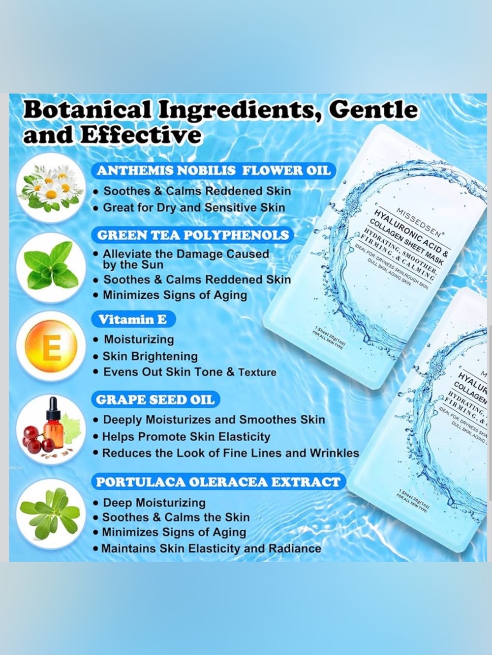 Hyaluronic Acid & Collagen Hydrating Sheet Masks All Skin Types (25 Sheets) NIB - Picture 6 of 14